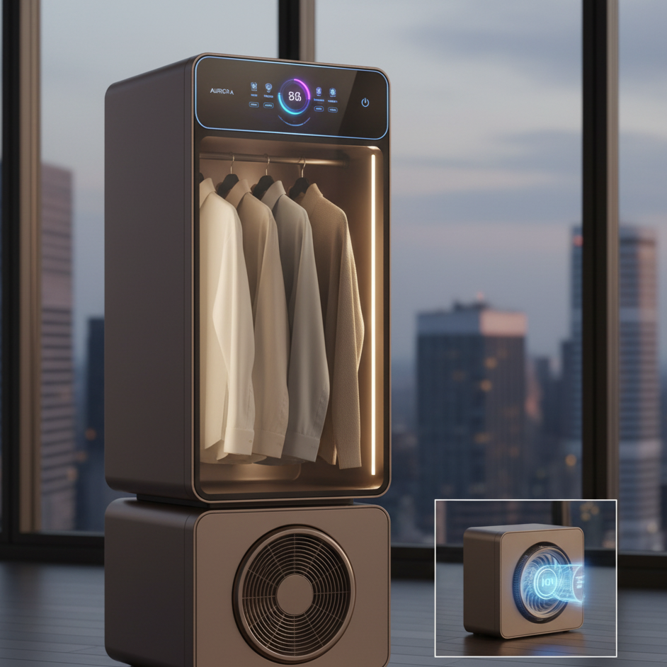 Smart clothes dryer with illuminated interior showing hanging clothes, set against a cityscape background.